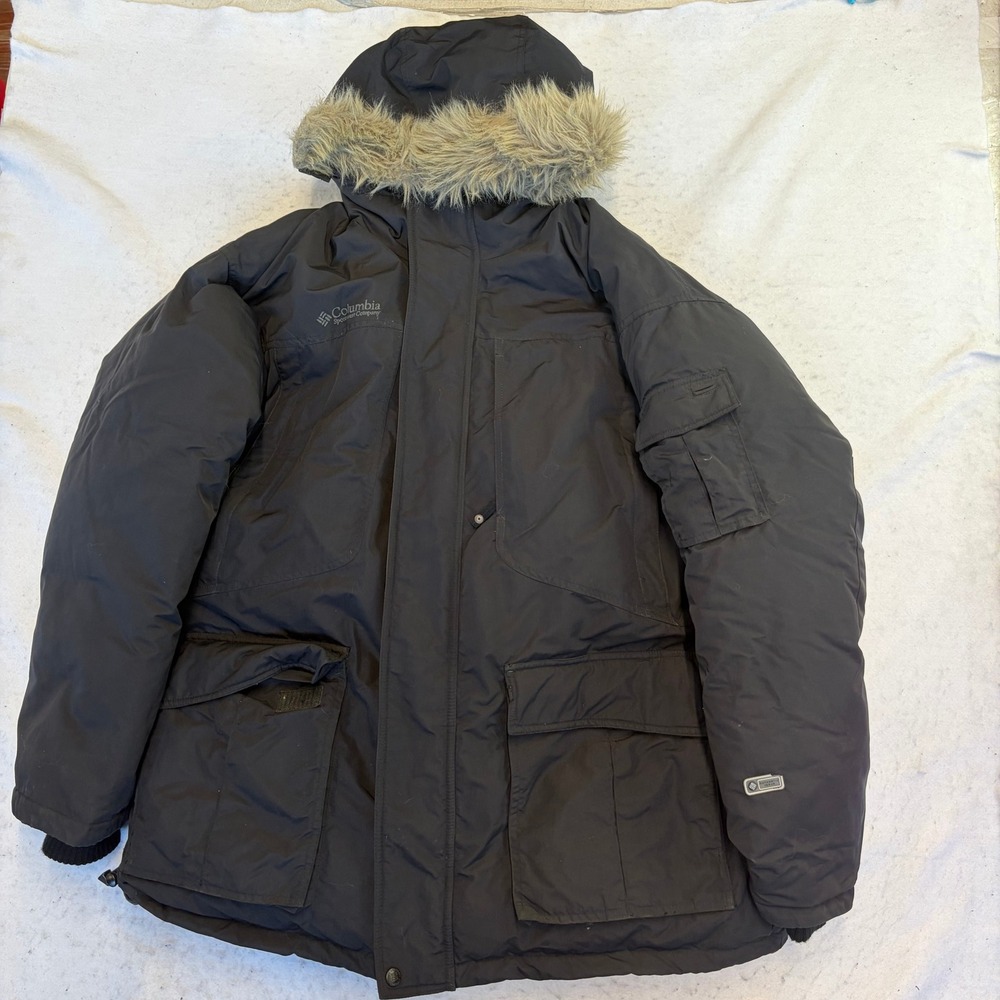 Columbia Down Parka Mens XL Black Faux Fur Hood Heavy Winter Jacket SM5195